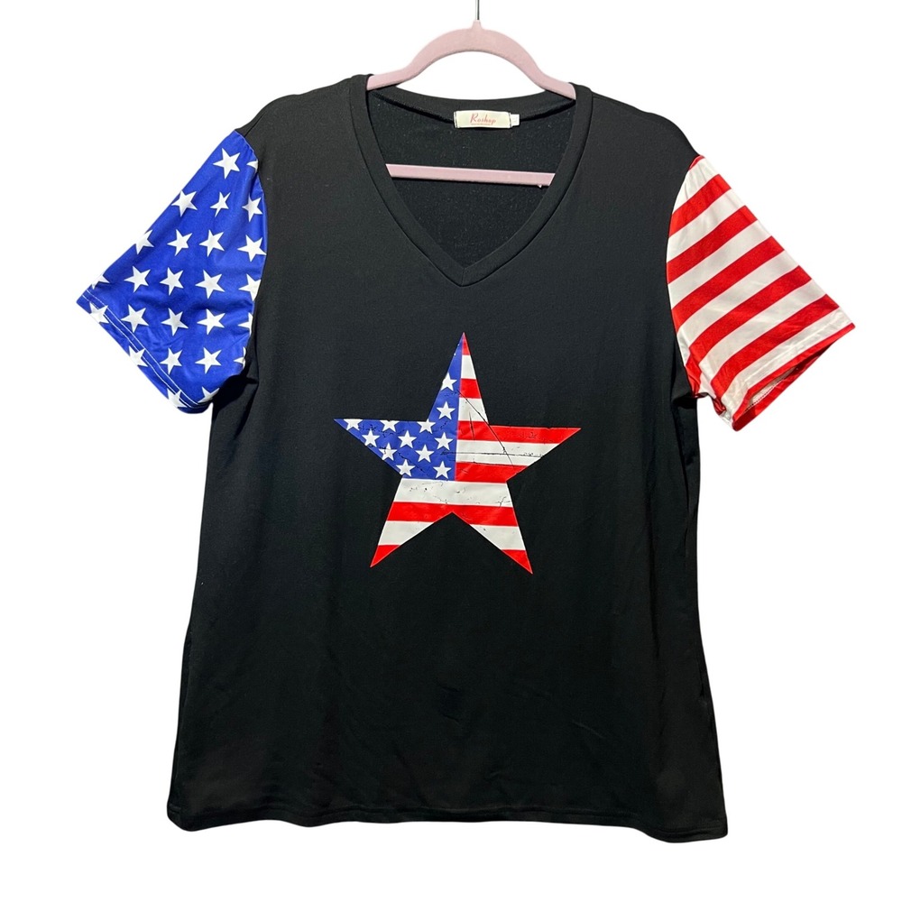 Roshop Patriotic‎ Star Flag Print V Neck T Shirt Women's XL Black Red White Blue